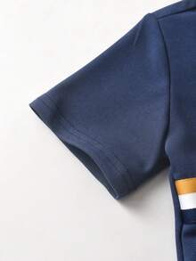 SHEIN Setelan Kemeja Polo Lengan Pendek dan Celana Panjang Motif Garis-garis dan Bordir Kasual untuk Anak Laki-Laki, Cocok untuk Musim Semi, Musim Panas, dan Musim Gugur. - Navy Blue - View 5