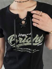 FRIFUL Women's Round Neck Partially Zip-Up Front Letter Print Decor Crossed Tie Collar Fitted Short Sleeve T-Shirt, Summer Graphic Tees Women - Black - View 5