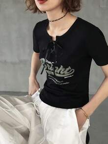 FRIFUL Women's Round Neck Partially Zip-Up Front Letter Print Decor Crossed Tie Collar Fitted Short Sleeve T-Shirt, Summer Graphic Tees Women - Black - View 7