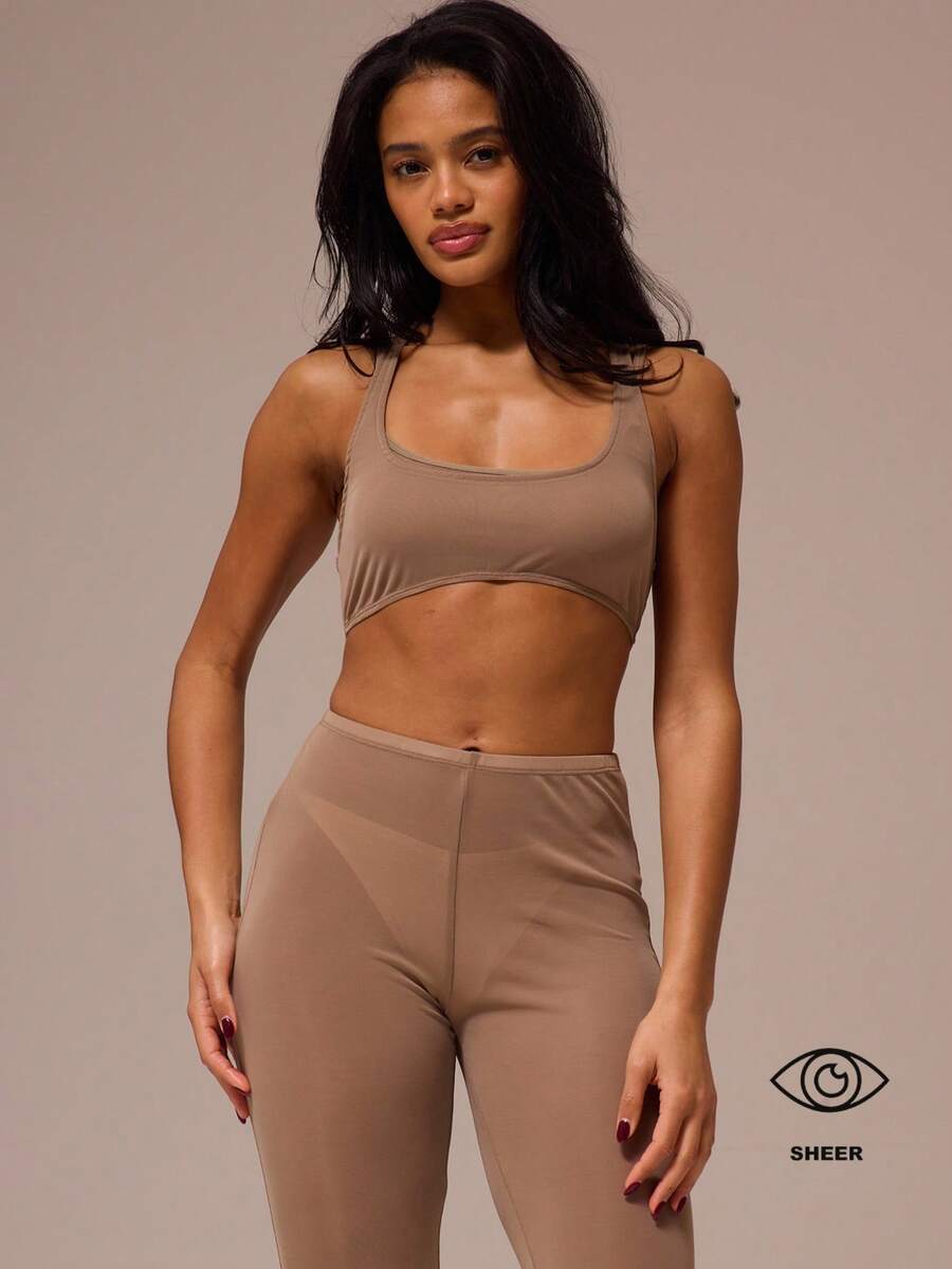 MUSERA ESSENTIALS Scoop Neck Racer Back Sheer Mesh Bralette Top Winter Spring Night Out Sexy Cute Mesh Essential - Camel - View 1