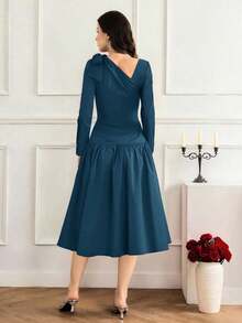 Modelyn 不对称系领蝴蝶结优雅红色女式连衣裙 - 水鴨藍 - 查看 8