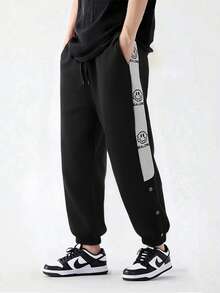 Manfinity Hypemode Men's Letter & Smiling Face Print Drawstring Waist Knit Jogger Pants - Black - View 7