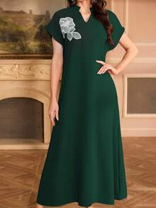Al Najma Embroidered Collar Floral Raglan Sleeve Stand Collar Elegant Dress - Dark Green - View 3