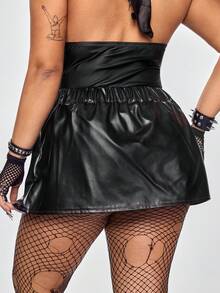 ROMWE Grunge Punk 朋克校园风PU格子拼接金属拉链加大码迷你裙（女款） - 黑色 - 查看 4