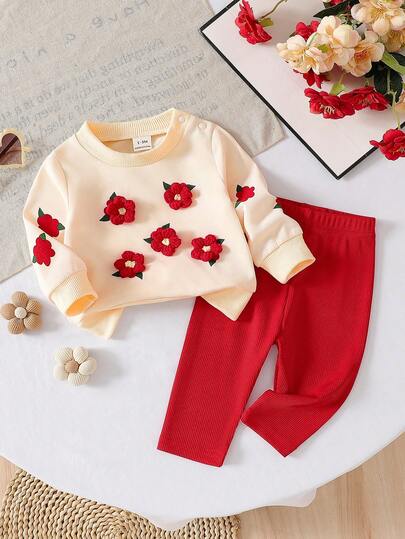SHEIN Newborn Baby Girls' Casual Sweet 3D Floral Sweatshirt And Pink Ribbed Pants Set