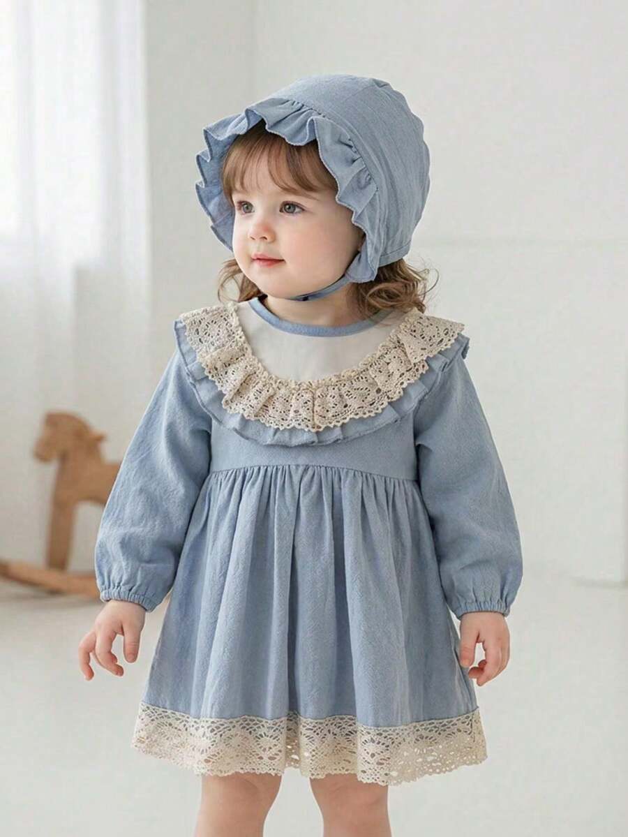 SHEIN Baby Girls' Plaid Patchwork Solid Color Layered Ruffle Hem Long Sleeve Princess Dress, Autumn/Winter - Baby Blue - View 1