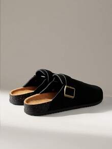 Solecia 女士厚底交叉绑带复古搭扣卡其色凉鞋，休闲假日圣诞节风格 - 靜夜黑色 - 查看 3