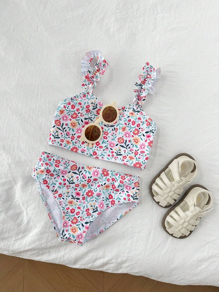 Young Girl Floral Print Frill Trim Cute Swimwear Set
