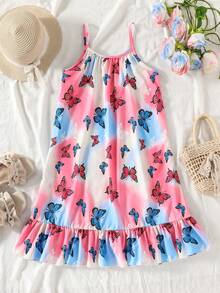 SHEIN Sparklyn 少女彩虹条纹印花无袖荷叶边下摆休闲度假连衣裙 - 彩色 - 查看 3