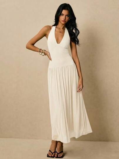 Poéselle Đầm nữ màu trơn cổ yếm buộc dây sau lưng, xếp ly eo, thanh lịch, thích hợp dự tiệc.