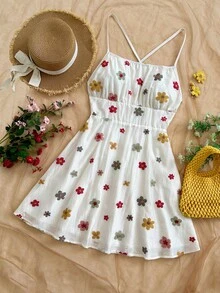 Soleia 女士度假风蓝白碎花露背吊带A字迷你连衣裙，适合秋冬季叠穿，派对装 - 彩色 - 查看 5