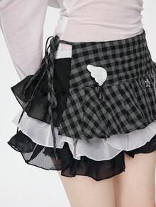 ROMWE Anime 1件 Y2K Baddie Kawaii Sweet Retro Plaid Pop Art Polka Dot Wing Note Mass Produced Lace Up Waist Accessor, Suitable For College, Shopping, Concerts, Et. - 黑色 - 查看 4