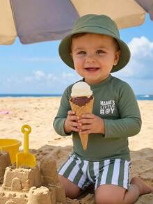 Bộ 2 món gồm áo tắm dài tay và quần bơi kẻ sọc xanh lá cây cho bé trai và bé gái, đồ bơi chống nắng thích hợp cho bãi biển, bơi lội, kỳ nghỉ. - xanh quân đội - Xem 8