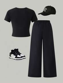 SHEIN 少女星形印花上衣和多口袋工装裤两件套 - 黑色 - 查看 3