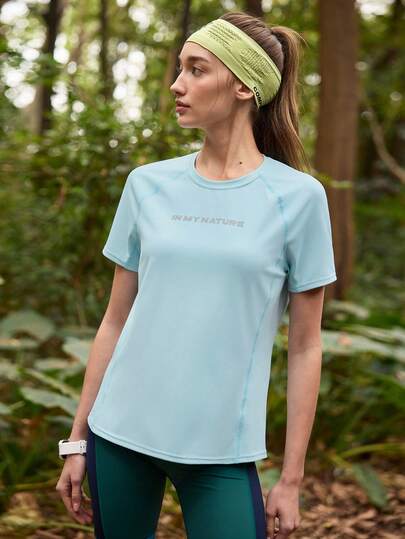 SHEIN In My Nature Women's Solid Color Printed Crew Neck Short - Sleeve Outdoor T-Shirt, Hiking & Camping Activewear Top