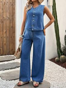 SHEIN Maternity V-Neck Single-Breasted Sleeveless Top And Wide-Leg Jeans Casual Outfit - Blue - View 6