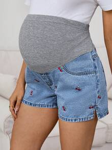 SHEIN Maternity Women's Cherry Embroidery Denim Shorts, Navy Blue Summer Casual Versatile Daily Patchwork Ribbed Belly Band Comfortable Chic Y2k Streetwear - Blue - View 4