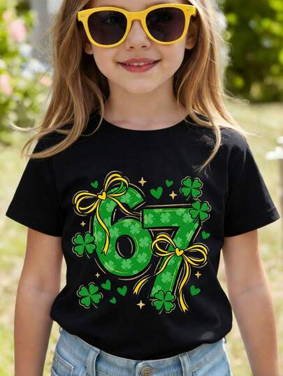 女童时尚四叶草蝴蝶结和数字67印花短袖T恤，适合圣帕特里克节、春夏穿着