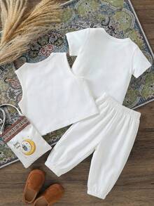 SHEIN Baby Boy Cute Moon Boy Print T-Shirt And Pants, Vest And Bag Full Set Arabic Baby Boy Clothes Middle Eastern Baby Clothing Toddler Boy White Set Newborn Baby Girl - White - View 2