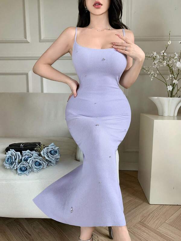 DAZY Spring & Summer Rhinestone Shiny Purple Solid Color Spaghetti Strap Midi Dress, Suitable For Valentine's Day, Wedding, Party, Banquet, Fashion Event, Elegant Office Wear Knit Dress For Women