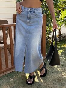 Livesso Spring & Summer Washed Distressed High Slit Straight Casual Beach Vacation Denim Skirt For Women - Medium Wash - View 5