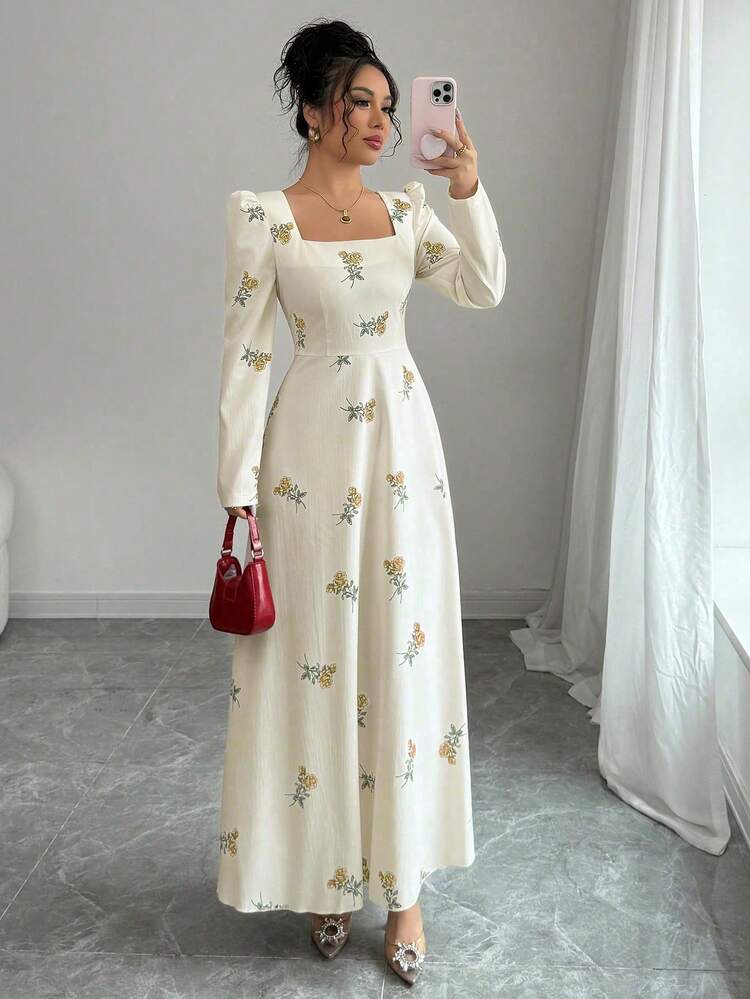 Modelyn Elegant Women's Yellow Floral Long A Line Dress With Square Neck Puff Sleeves And Back Zipper Detail Women's Woven Printed Patchwork Long Fitted Dress Vintage Dresses For Woman Dress Modest Captains Dinner Dress French Dresses For Women Long Dress With Sleeves Women's Elegant Yellow Plant Pattern Long Dress With Square Neck And Puff Extra Long Sleeves Flared Hem Stylish Women's Long A Line Dress Featuring Yellow Floral Print Square Neck And Puff Long Sleeves With Zipper - Yellow - View 7