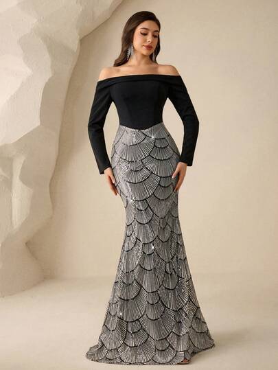 Coutiva Women's Off-Shoulder Long Sleeve Twisted Yarn Patchwork Beaded Mesh Formal Evening Gown (Heavily Embellished)