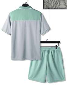 Manfinity Homme Men's Contrast Color Collar Polo Shirt Set, Suitable For Home, Outing And Gatherings - Green - View 2