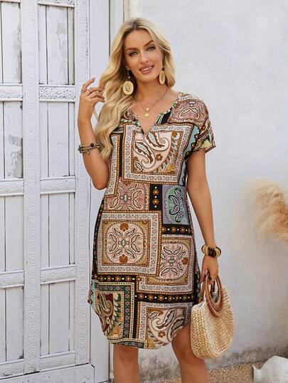 EMERY ROSE Vestido midi de mujer de verano con escote en V entallado, manga corta y parches con estampado floral