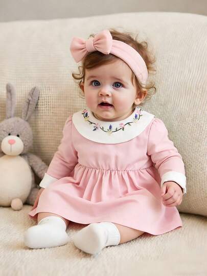 SHEIN Infant/Toddler Girls' Cute & Elegant Princess Dress, Soft & Comfortable, Spring/Autumn Pink Dresses For Baby Girl Baby Girl Long Sleeve Dress Baby Girl Pink Dress Baby Girl Winter Dress Smocked Winter Dress For Baby Girl Baby Girl Dress Collared Baby Girl Dress Pink Bow Baby Dress Spring Infant Dresses 0 3 Month Girl