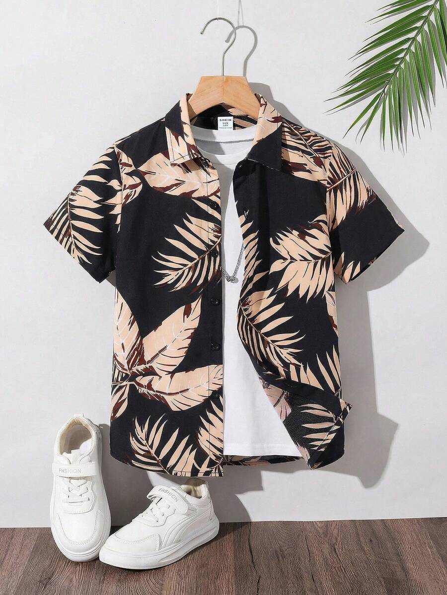 SHEIN 男童休闲条纹印花翻领纽扣短袖梭织衬衫 - 黑色 - 查看 1