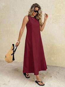 SHEIN Frenchy 女士休闲撞色滚边圆领无袖连衣裙 - 酒紅色 - 查看 4