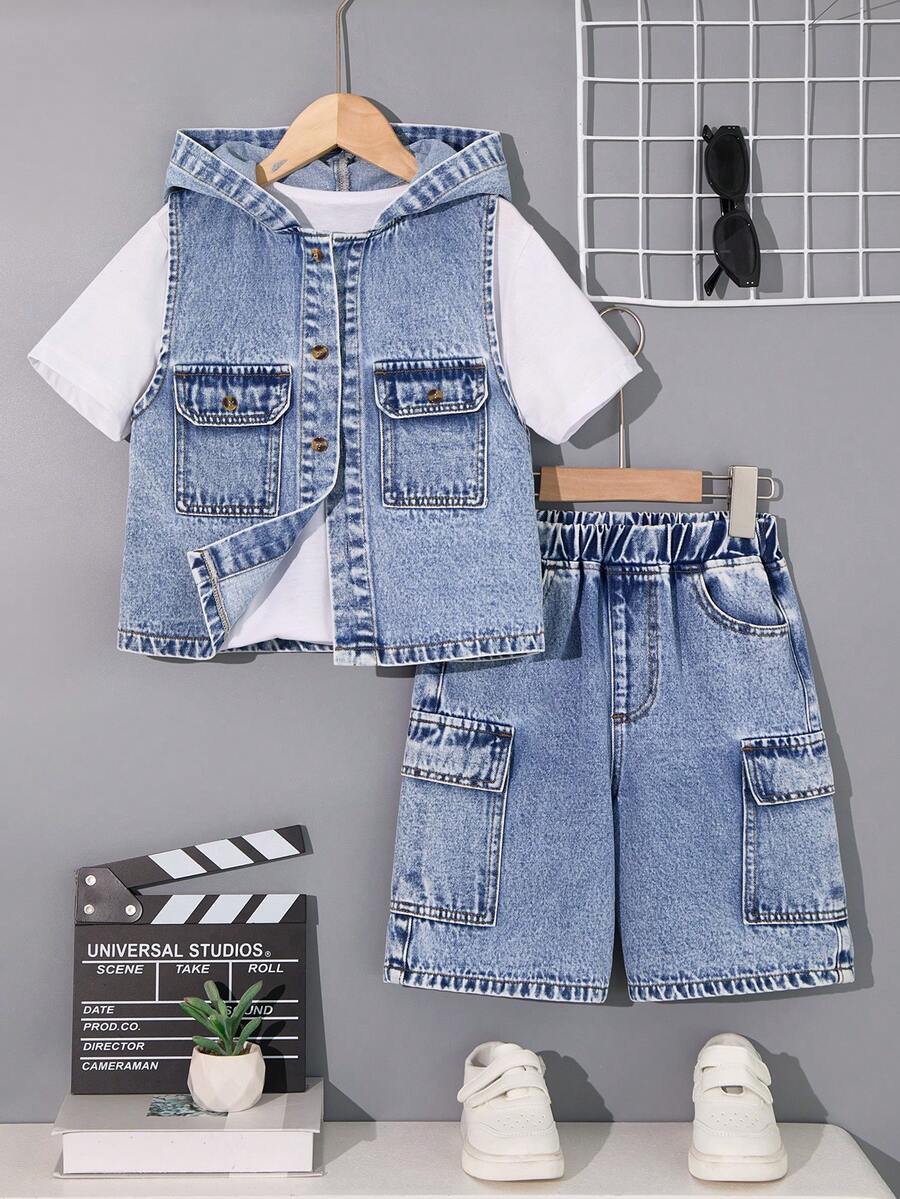 Tween Boy's Hooded Denim Vest And Shorts Set, Washed Style - Medium Wash - View 1