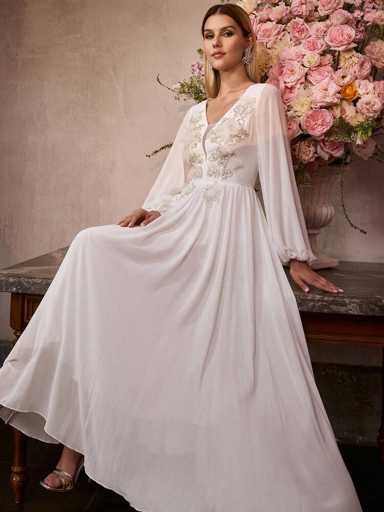 WOMEN'S NEW WHITE EMBROIDERED CHIFFON V-NECK LANTERN SLEEVE MAXI DRESS, VINTAGE ELEGANT ELEGANT LONG FORMAL GOWN, RUNWAY SHOW CELEBRITY STYLE PARTY DRESS