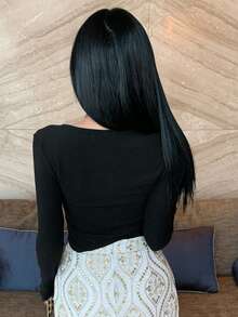 FRIFUL Women's Square Neck Fitted Long Sleeve Basic Solid Tee - Black - View 8