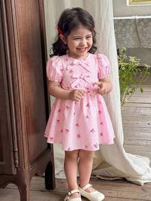 LMoss Kids 女婴编织条纹蝴蝶结花瓣袖休闲连衣裙 - 彩色 - 查看 5