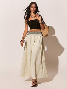 Poéselle 女士百褶撞色休闲百搭约会外出半身裙，白色半身裙，休闲半身裙，沙滩装，度假装，夏季装，春夏长裙，女士长款半身裙，波西米亚风半身裙，沙滩裙，长裙搭配上衣，波西米亚风半身裙套装，波西米亚风长裙，夏季女士半身裙 - 杏色 - 查看 3