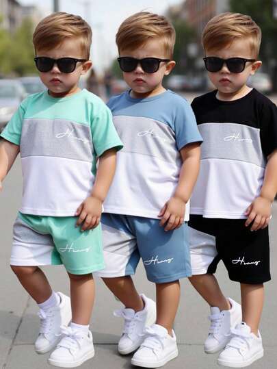 Genkimix Kids 6pcs/Set Young Boy Casual Sports College Street Cute Cool Tricolor Letter Print Short Sleeve T-Shirt + Shorts, Suitable For Daily Wear, School, Outings, Sports, Spring/Summer. Provides Multiple Matching Options For Toddler Boys, With Simple And Elegant Design, Comfortable And Fashionable Wear. This Outfit Set Will Be A Practical And Stylish Choice In The Wardrobe Of Toddler Boys.