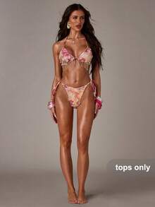 SHEIN BAE 女士优雅花卉印花拼接亮片贴花网纱流苏露背系带比基尼上衣，适合海滩和度假穿着 - 粉色 - 查看 3