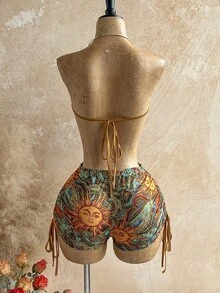 Soleia Women's Halter Tie Backless Ruched Sunflower Print Sexy Romper For Vacation, Date, Outing - Multicolor - View 2