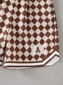 2pcs/Set Teen Boy Summer New Style Casual Outfit, White Short Sleeve Tee Paired With Burgundy Checkerboard Shorts, Campus Style Graduation Back-To-School - White - View 6