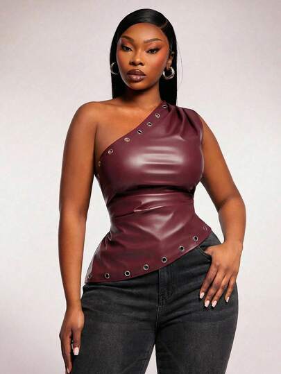 Radiana Plus Size Women's Fall & Winter,Spring&Summer Elegant Metal Grommet Cutout Design Pleated Stretch PU Leather Asymmetric Hem One Shoulder Sleeveless Top,Suitable For Office New Years Eve Christmas Red