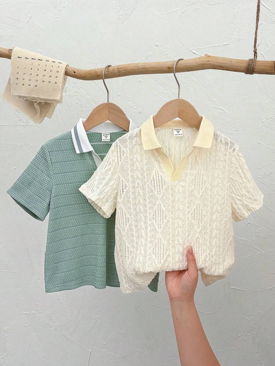 2件套 男童休闲时尚度假风针织短袖Polo衫，春夏款 - 綠色 - 查看 1