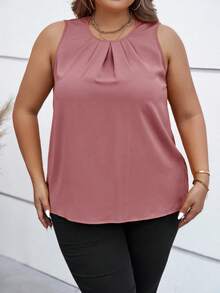 SHEIN Clasi Plus Size Plain Simple Round Neck Sleeveless Shirt - Coral Pink - View 3