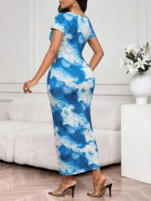 SHEIN Lady Women's V-Neck Short Sleeve Fitted Ruched Slit Midi Dress Beach Dress Summer Dress Elegant Dresses For Women Vacation Outfits Women Blue Dress Wrap Around Dresses For Ladies Wedding Guest Wow Dress Work Outfits Women Wrap Dress Wrap Dress Wedding Guest Ladies Dresses Two Pieces Dresses For Women Women's Dresses Chic Dresses For Women Long Casual Dresses For Woman Ladies Two Pieces Outfits Suits Formal Women's Summer 2 Pieces Sets,Summer Dresses For Women - Blue - View 2