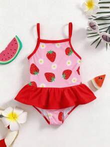 SHEIN Baby Girl Floral & Strawberry Print Ruffle Casual Beach Vacation Spaghetti Strap One-Piece Swimsuit - Multicolor - View 3