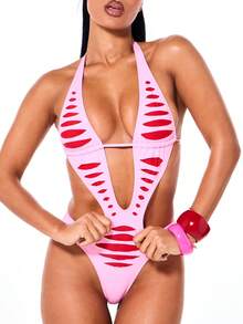 SUMWON WOMEN 镂空流苏深V领连体泳衣，交叉后背带设计，沙滩度假泳装 - 粉色 - 查看 1