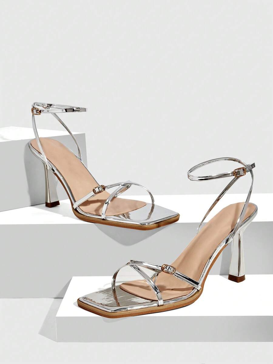 CUCCOO SZL 女士新款方头细高跟银色露趾踝带交叉绑带时尚性感百搭高跟凉鞋 - 銀色 - 查看 1