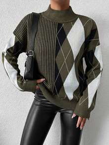 Women's Oversized Contrast Color Diamond Pattern High Neck Loose Knit Pullover Sweater - Khaki - View 6