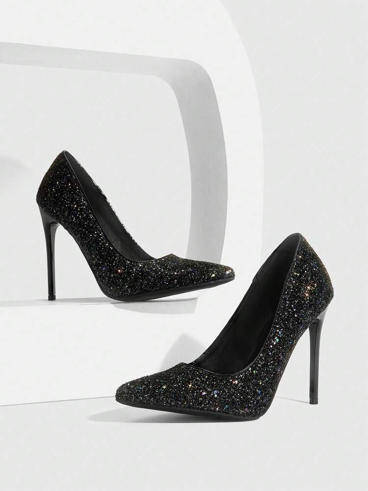 CUCCOO SZL Women Shoes Women's Pointed Stiletto Black Shiny Glitter Women's High-Heeled Shoes Elegant Elegant Fashion Gorgeous Sexy Suitable For Parties Parties Banquets Nightclubs And Other Occasions Women's Shoes High Heels Spring Shoes